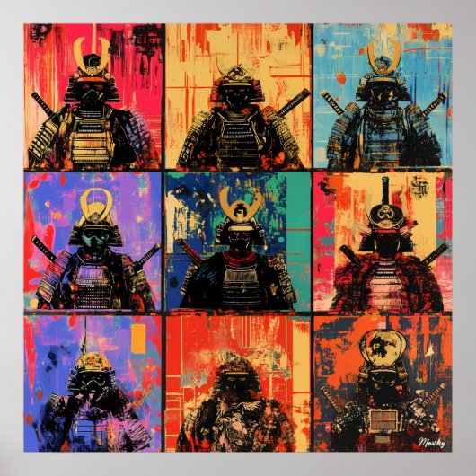 鮮やかなグラフィティアートの武士の肖像画 ポスター (正面)