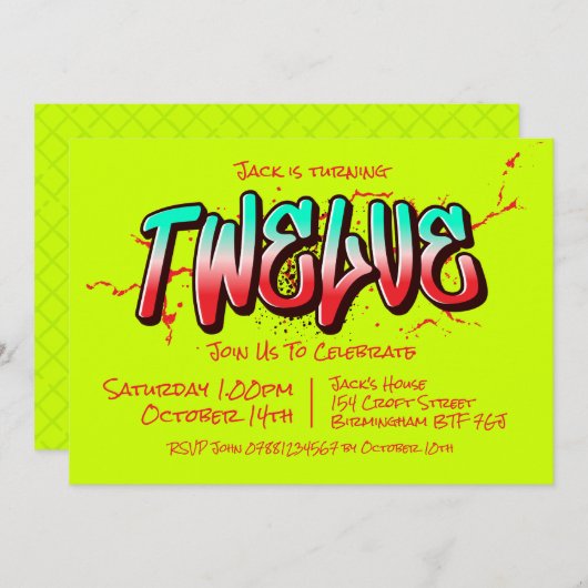 鮮やかなグラフィティ12歳の誕生日招待状 招待状 (正面/裏面)