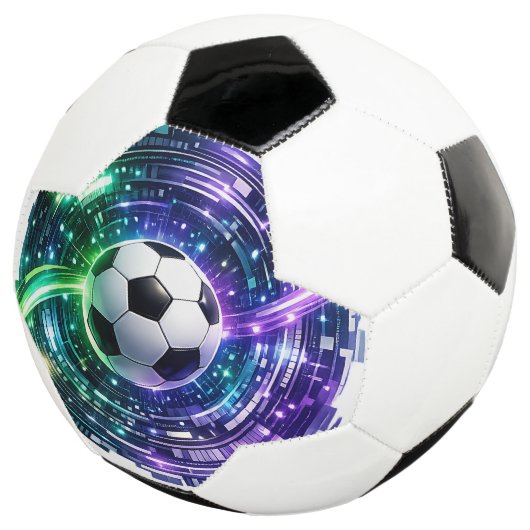 鮮やかなグリーンとパープルの未来型サイバーポータル サッカーボール (3/4)