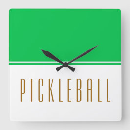 鮮やかなグリーンとホワイトのカラーブロック PICKLEBALL テキスト スクエア壁時計
