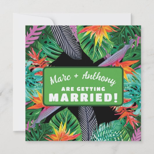 鮮やかなグリーンのトロピカルジャングルでのデスティネーションウェディング セーブザデート (正面)