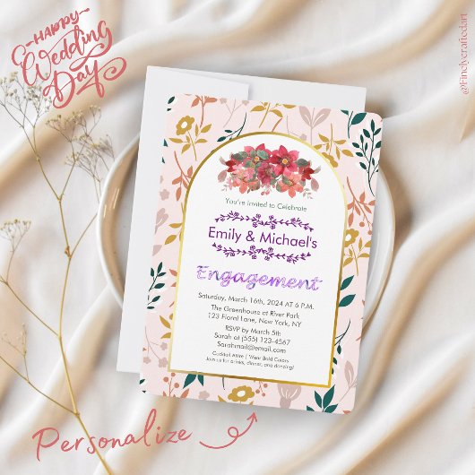 鮮やかなゴールドの花モチーフのエンゲージメントパーティー 招待状