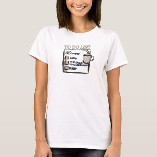 鮮やかなゴールドのCOFFEE+WORK+TRUE+CRIMEアートデザイン Tシャツ (正面)