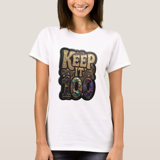 鮮やかなゴールドのKEEP IT 100 3Dテキストアート Tシャツ (正面)