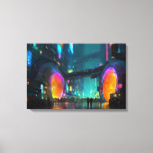 鮮やかなサイバーパンク都市景観とアーチ キャンバスプリント (正面)