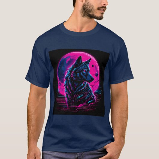鮮やかなサイバーパンク ネオンの狼 Tシャツ (正面)