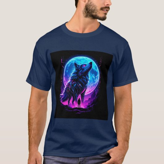 鮮やかなサイバーパンク ネオンの狼 Tシャツ (正面)