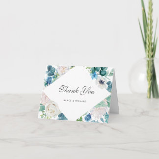 鮮やかなサググリーンとブルーの花柄の感謝カード サンキューカード