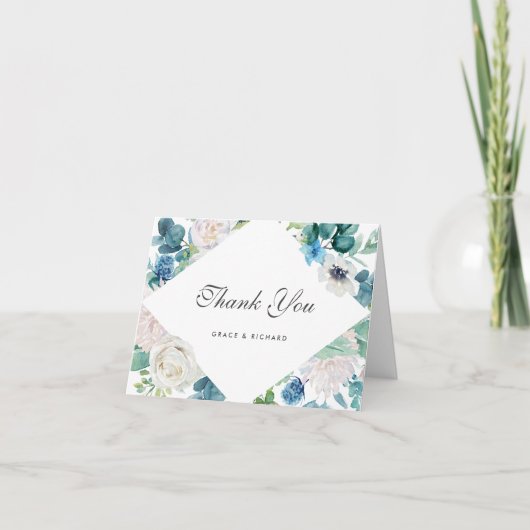 鮮やかなサググリーンと青、白の花柄の感謝を伝えるカード サンキューカード (正面)