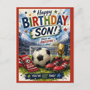 鮮やかなサッカーをテーマにしたレッド・ソン誕生日カード ポストカード
