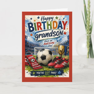 鮮やかなサッカーをテーマにした赤い「お誕生日おめでとう」カード(お孫さん用) カード
