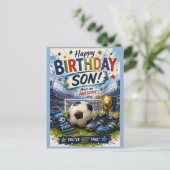 鮮やかなサッカー風の青い息子の誕生日カード ポストカード (スタンド正面)