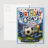 鮮やかなサッカー風の青い息子の誕生日カード ポストカード (正面/裏面)