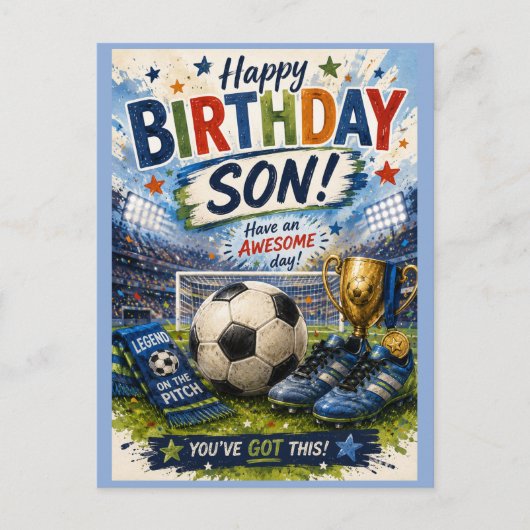 鮮やかなサッカー風の青い息子の誕生日カード ポストカード (正面)