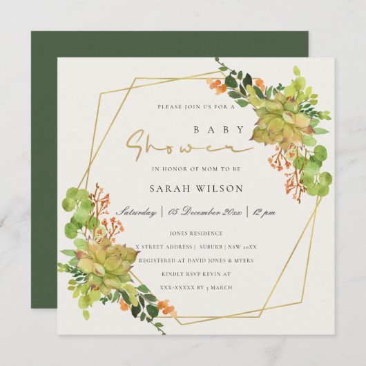 鮮やかなサボテン 花の水彩 ベビーシャワー 招待状 (正面/裏面)