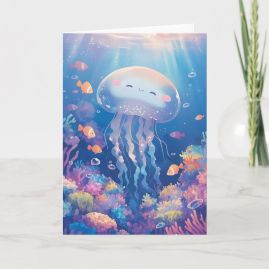 鮮やかなサンゴ礁に笑顔のクラゲ カード (正面)
