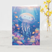 鮮やかなサンゴ礁に笑顔のクラゲ カード (黄色い花)