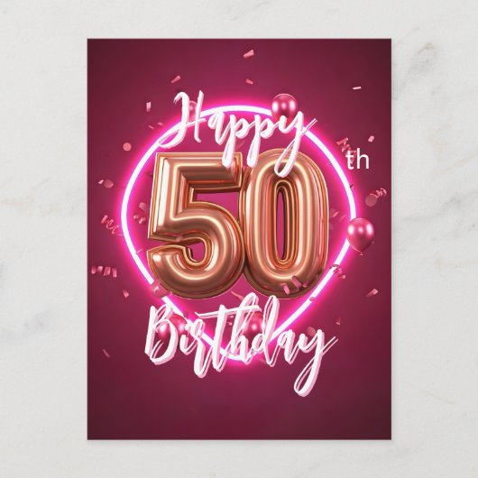 鮮やかなシックなローズゴールドとピンクのネオン 50歳の誕生日 ポストカード (正面)