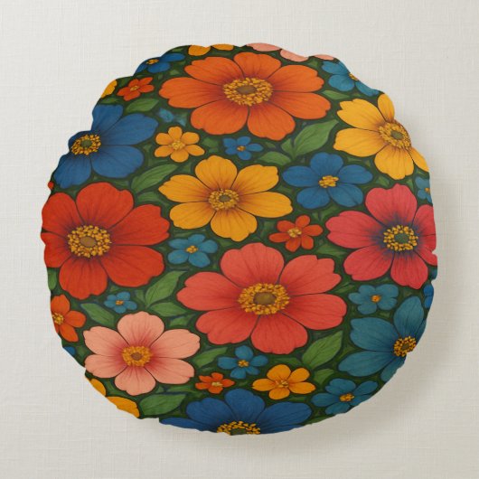 鮮やかなシームレスなワイルドフラワーパターン ラウンドクッション (正面)