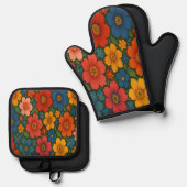 鮮やかなシームレスなワイルドフラワーパターン 鍋つかみ&鍋敷きセット (正面/裏面)