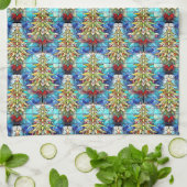 鮮やかなステンドグラスのクリスマスツリーパターン キッチンタオル (折り畳み)