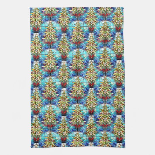 鮮やかなステンドグラスのクリスマスツリーパターン キッチンタオル (縦)