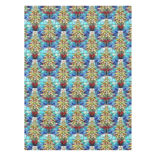 鮮やかなステンドグラスのクリスマスツリーパターン テーブルクロス (正面)