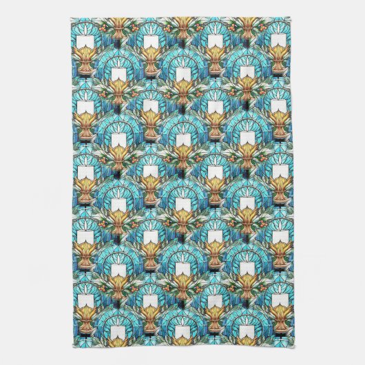 鮮やかなステンドグラスのホリーとキャンドルパターン キッチンタオル (縦)