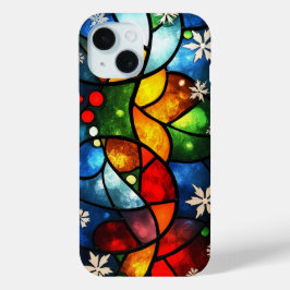 鮮やかなステンドグラスの抽象的なホリデー+ウィンターアート iPhone 15ケース