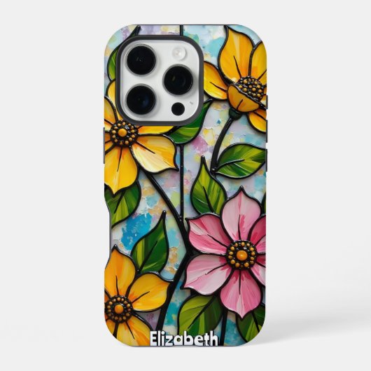 鮮やかなステンドグラスの花のパネル iPhoneケース (裏面)
