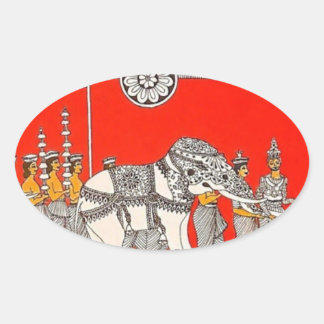鮮やかなスリランカの白象アート 楕円形シール
