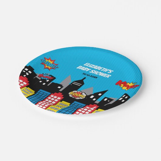 鮮やかなスーパーヒーローの誕生会の好意 ペーパープレート (アングル)