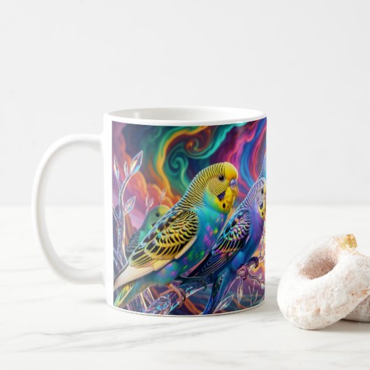 鮮やかなセキセイインコのマグカップ コーヒーマグカップ (ドーナツ)
