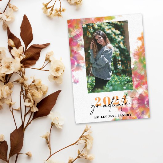 鮮やかなタイダイ・ウォーターカラー卒業写真 招待状