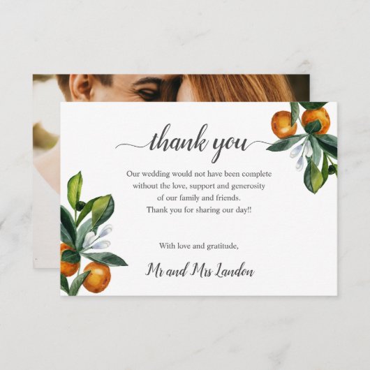 鮮やかなタンジェリン結婚オレンジの写感謝してい真は サンキューカード (正面/裏面)