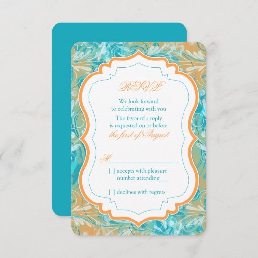 鮮やかなターコイズとオレンジの花柄の結婚式　出欠返信 出欠カード (正面/裏面)