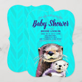 鮮やかなターコイズブルーのカワウソの親子おしゃれな出産祝いの招待状 招待状 (正面/裏面)