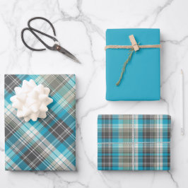 鮮やかなターコイズ、ブラウン&クリームプレイド ラッピングペーパーシート