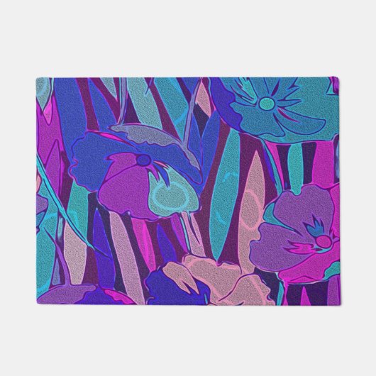 鮮やかなダークブルーパープルミッドナイトフラワーズファインアート ドアマット (正面)