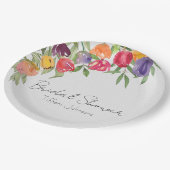 鮮やかなチューリップとグリーン ブライダルシャワー ペーパープレート (アングル)