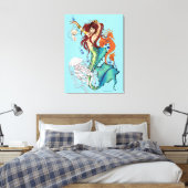 鮮やかなティール色の幻想的な人魚のイラスト キャンバスプリント (インサイチュ (寝室))