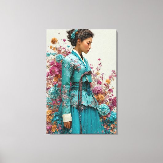 鮮やかなティール色の韓服と野の花のキャンバスアート キャンバスプリント (正面)