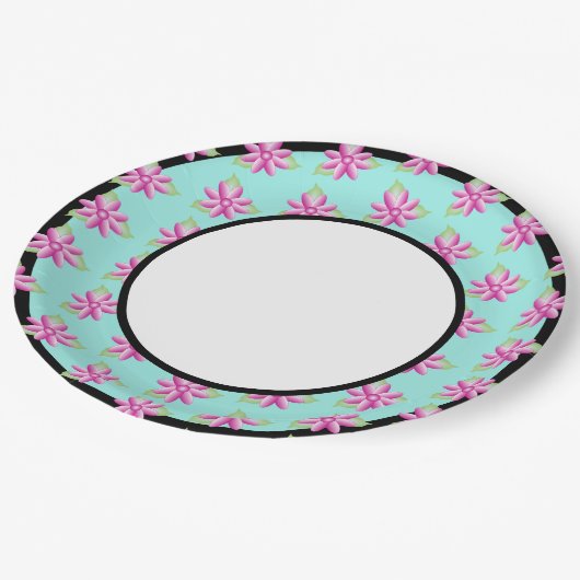 鮮やかなティール（緑がかった色）にピンク色の花がアクセントの黒 ペーパープレート (アングル)