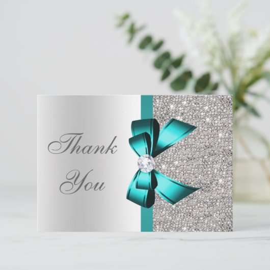 鮮やかなティール(緑がかった色)の弓銀のダイヤモンドは感謝していしています サンキューカード (スタンド正面)