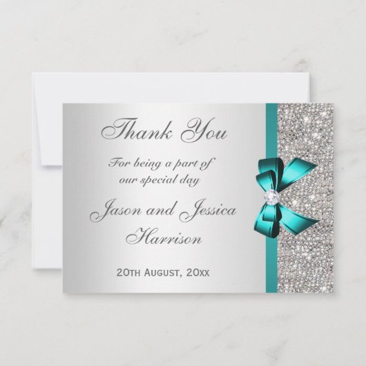 鮮やかなティール(緑がかった色)の弓銀のダイヤモンドは感謝していしています サンキューカード (裏面)