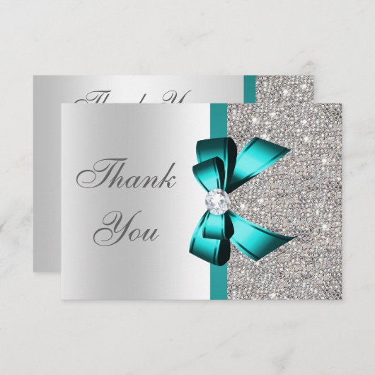 鮮やかなティール(緑がかった色)の弓銀のダイヤモンドは感謝していしています サンキューカード (正面/裏面)
