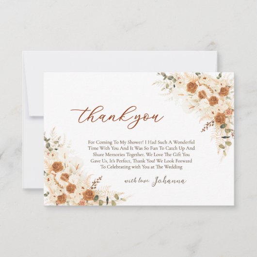 鮮やかなテラコッタの花を飾ったボヘミアンティックな美しい花嫁のシャワー サンキューカード (正面)
