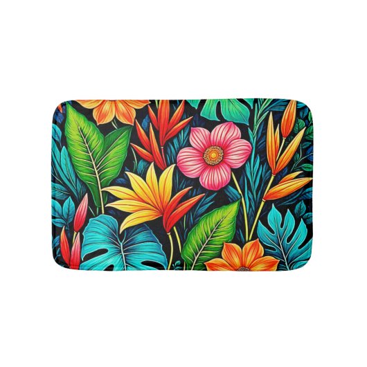 鮮やかなトロピカルジャングルの花咲くアート バスマット (正面)