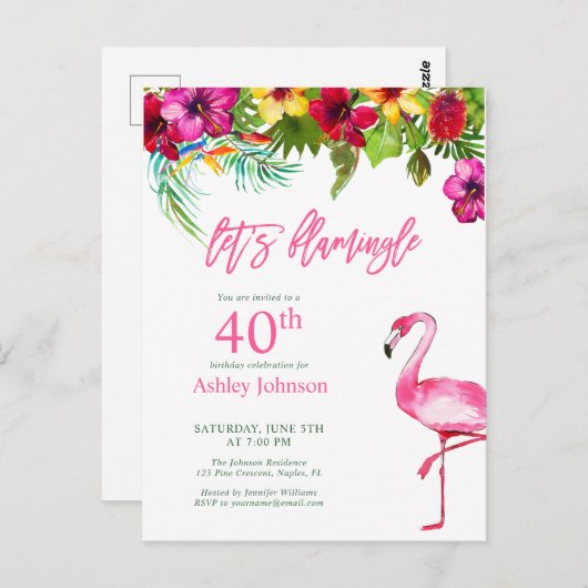 鮮やかなトロピカルピンクのレッツフラインゴ 40歳の誕生日 ポストカード (正面/裏面)