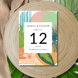 鮮やかなトロピカル アブストラクト コーラル ティール ウェディング テーブルナンバー